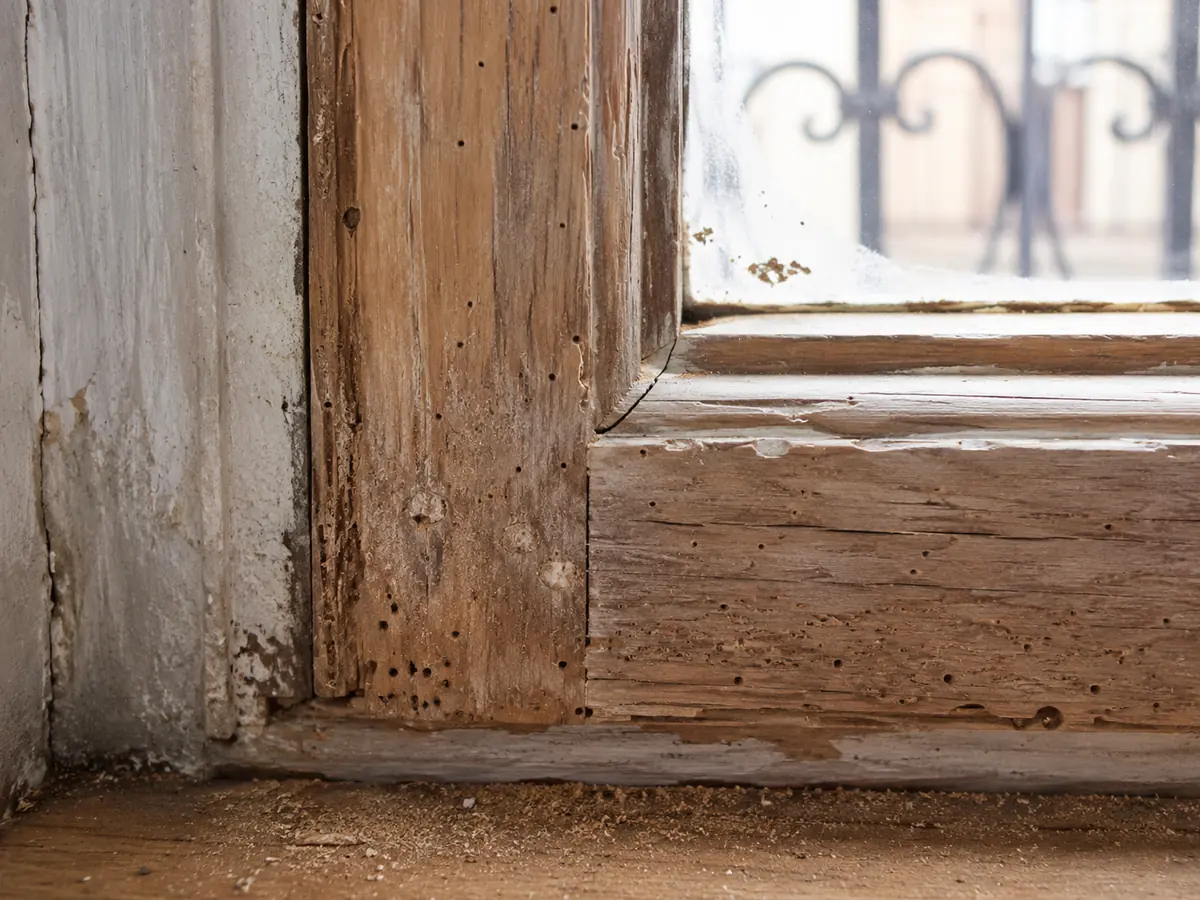 Daños, orificios y serrín compatibles con carcoma en un marco de madera