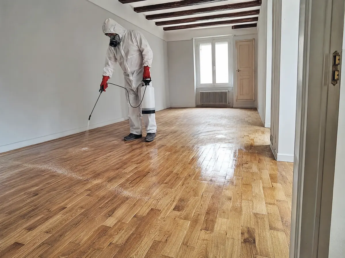 Pulverización técnica controlada sobre parquet afectado por xilófagos