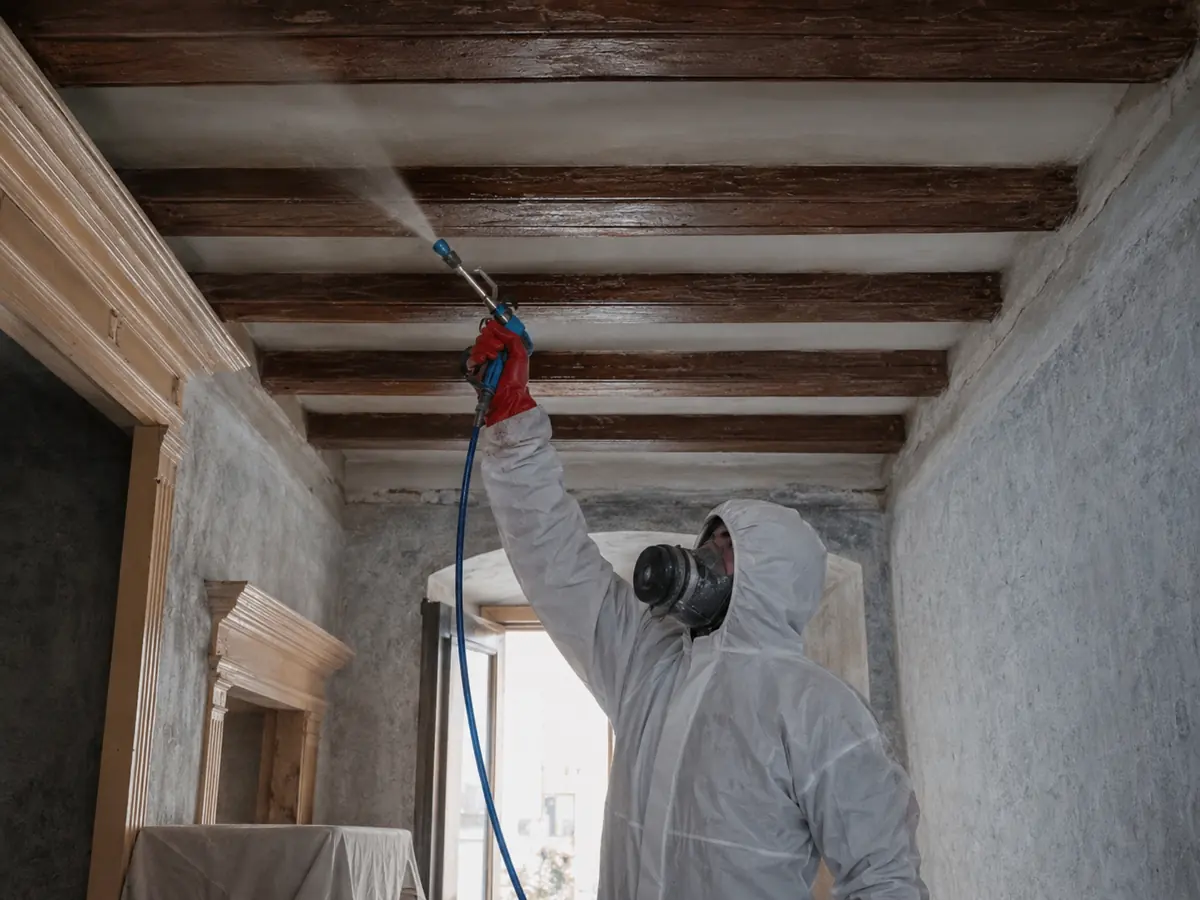 Pulverización superficial profesional sobre vigas de madera