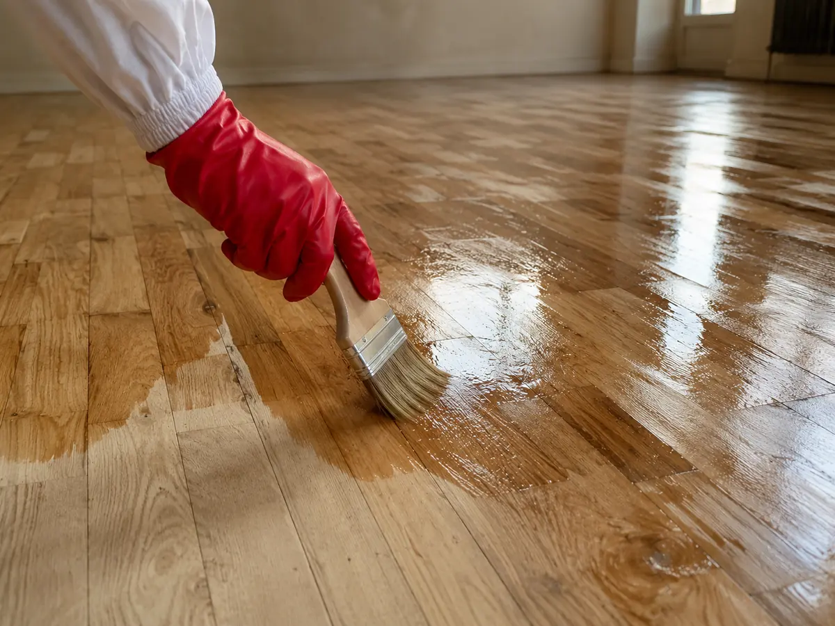 Aplicación localizada con brocha de tratamiento en gel sobre parquet
