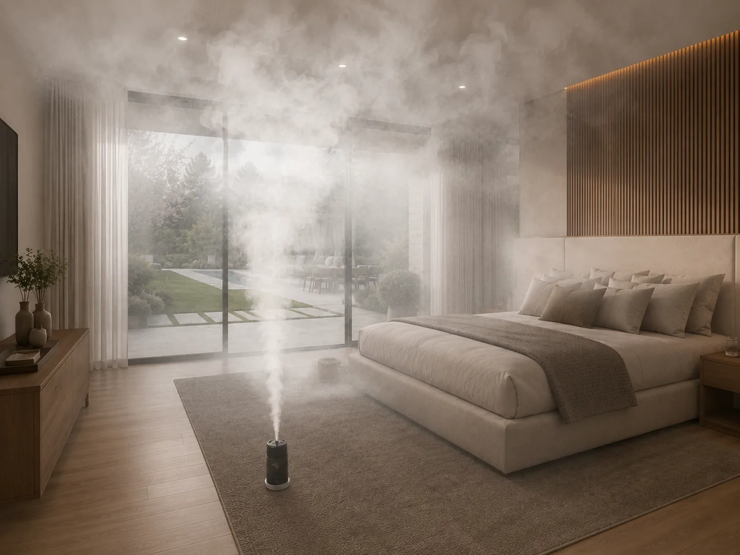 Aerosol automàtic de descàrrega total alliberant-se a l’ambient d’una habitació preparada