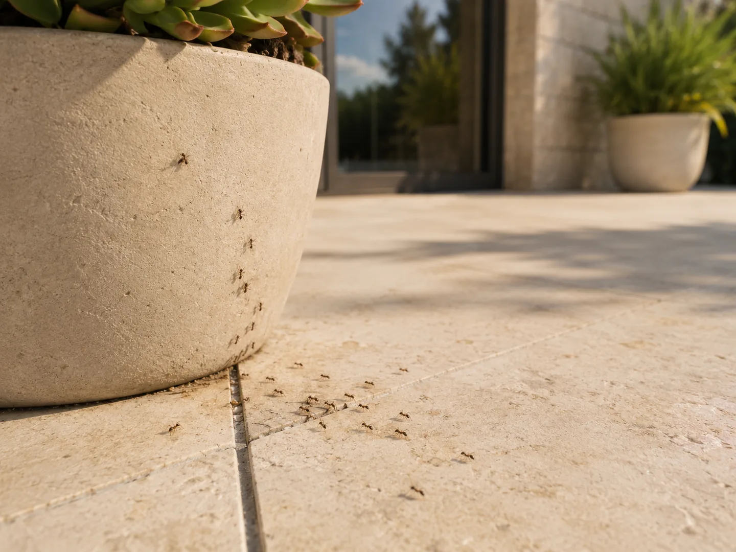 Hormigas alrededor de una maceta y en las juntas del pavimento de una terraza