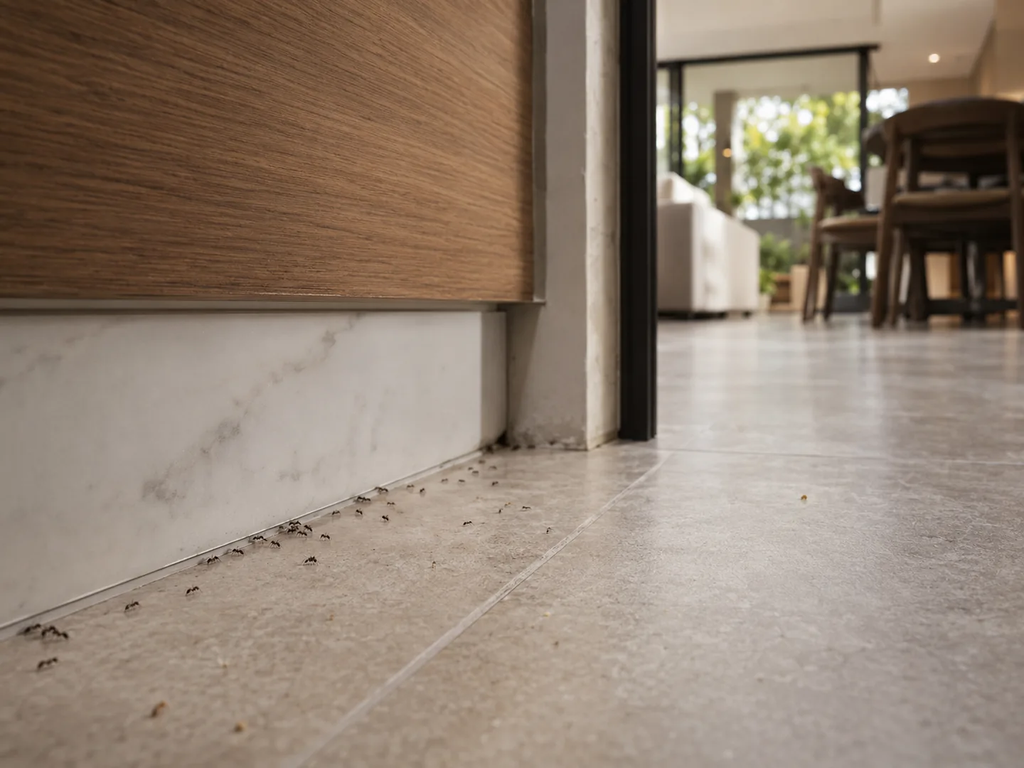 Sendero de hormigas siguiendo el zócalo y entrando en una vivienda moderna