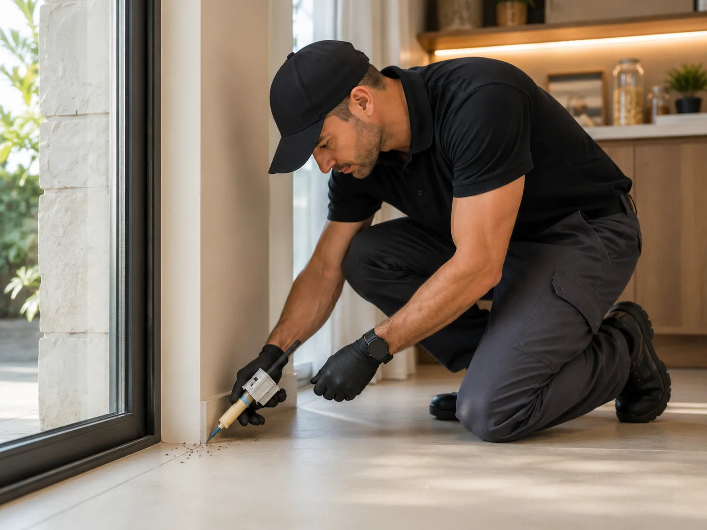 Técnico aplicando cebo para hormigas en el punto de entrada de una puerta de terraza