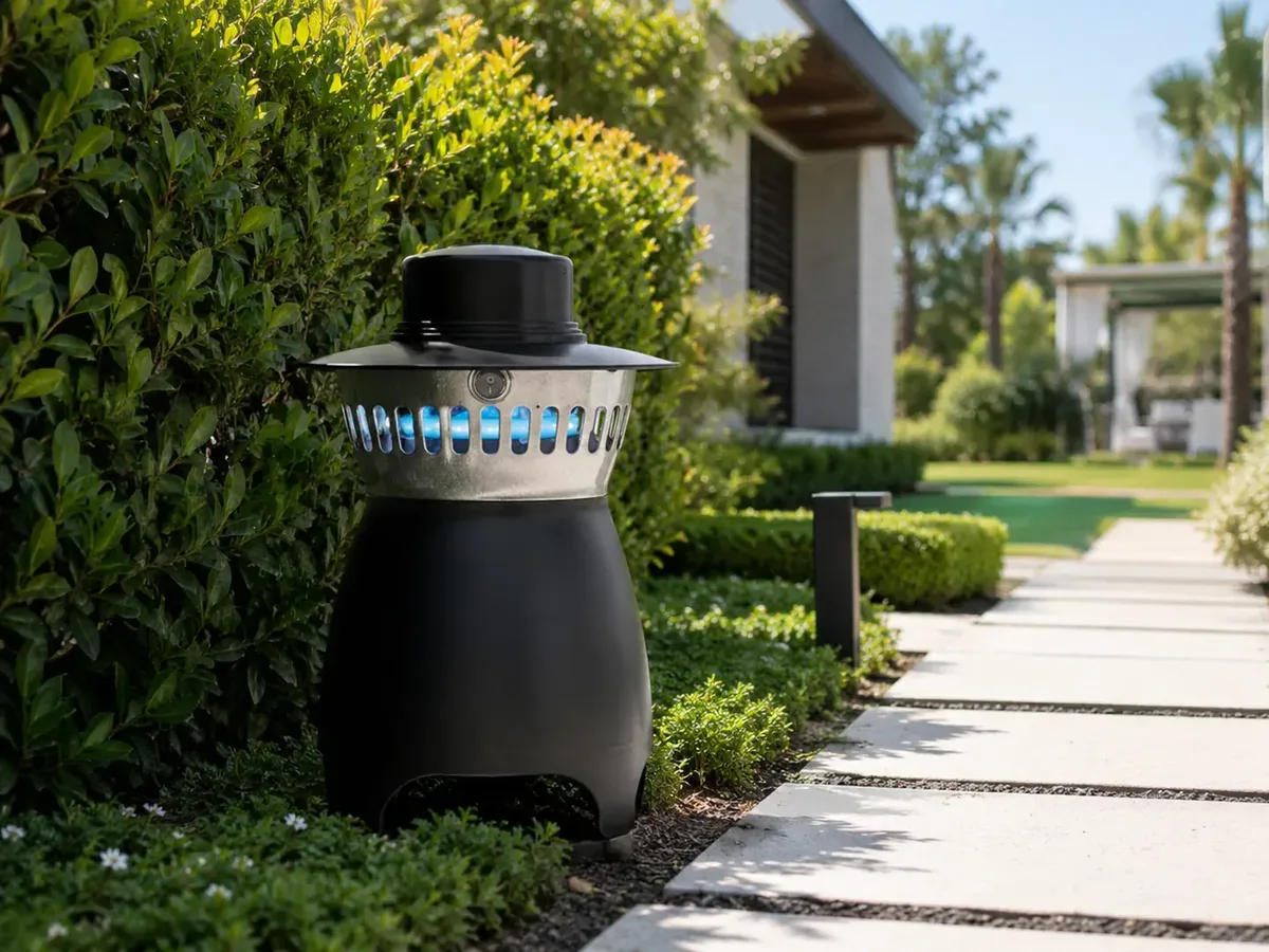Trampa de captura massiva de mosquits instal·lada en un jardí exterior