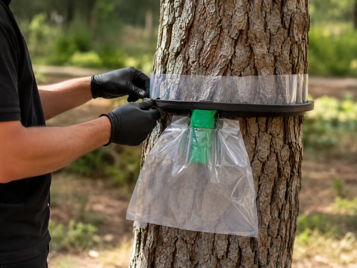 Tècnic ajustant un collar Procerex al voltant del tronc del pi