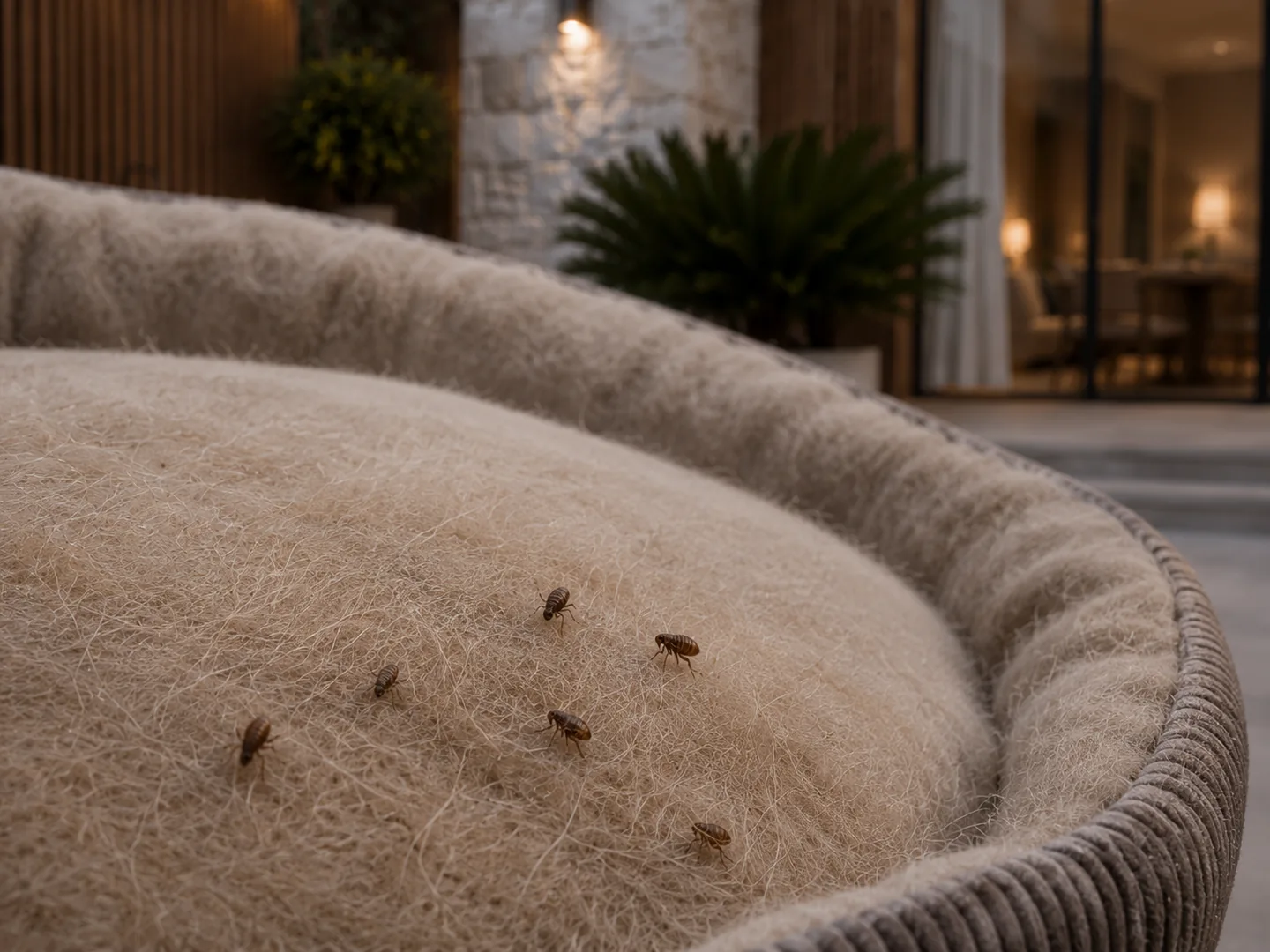 Puces adultes visibles sobre un llit de mascota en un habitatge