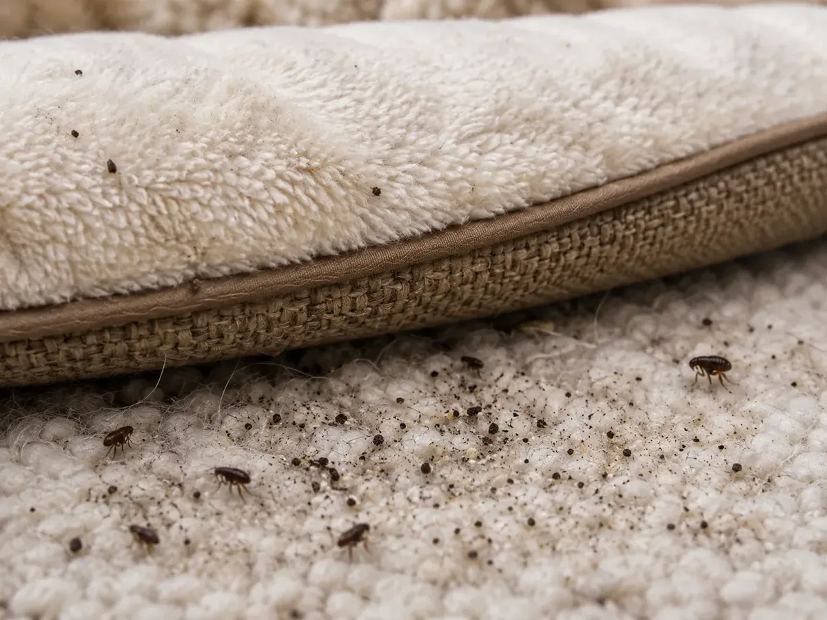 Puces i brutícia de puça acumulades a les fibres i costures d’un llit de mascota
