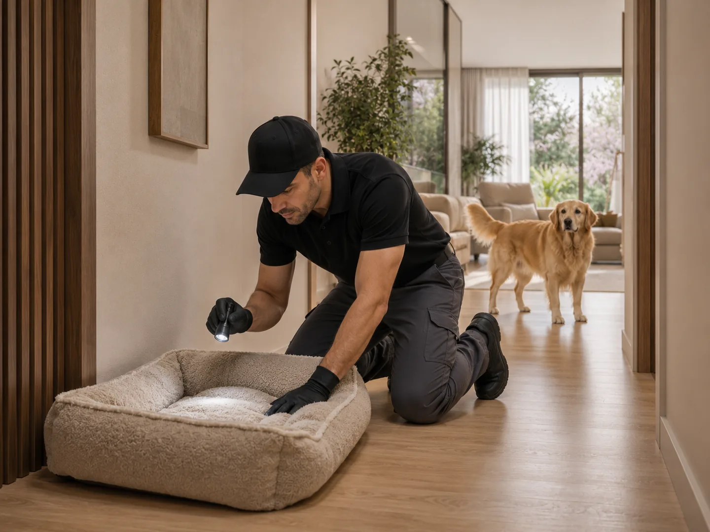 Tècnic inspeccionant amb llanterna un llit de mascota mentre revisa l’entorn