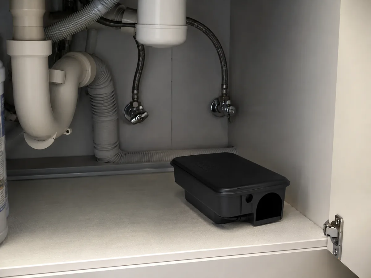 Portacebos cerrado junto a desagües dentro de un mueble de cocina