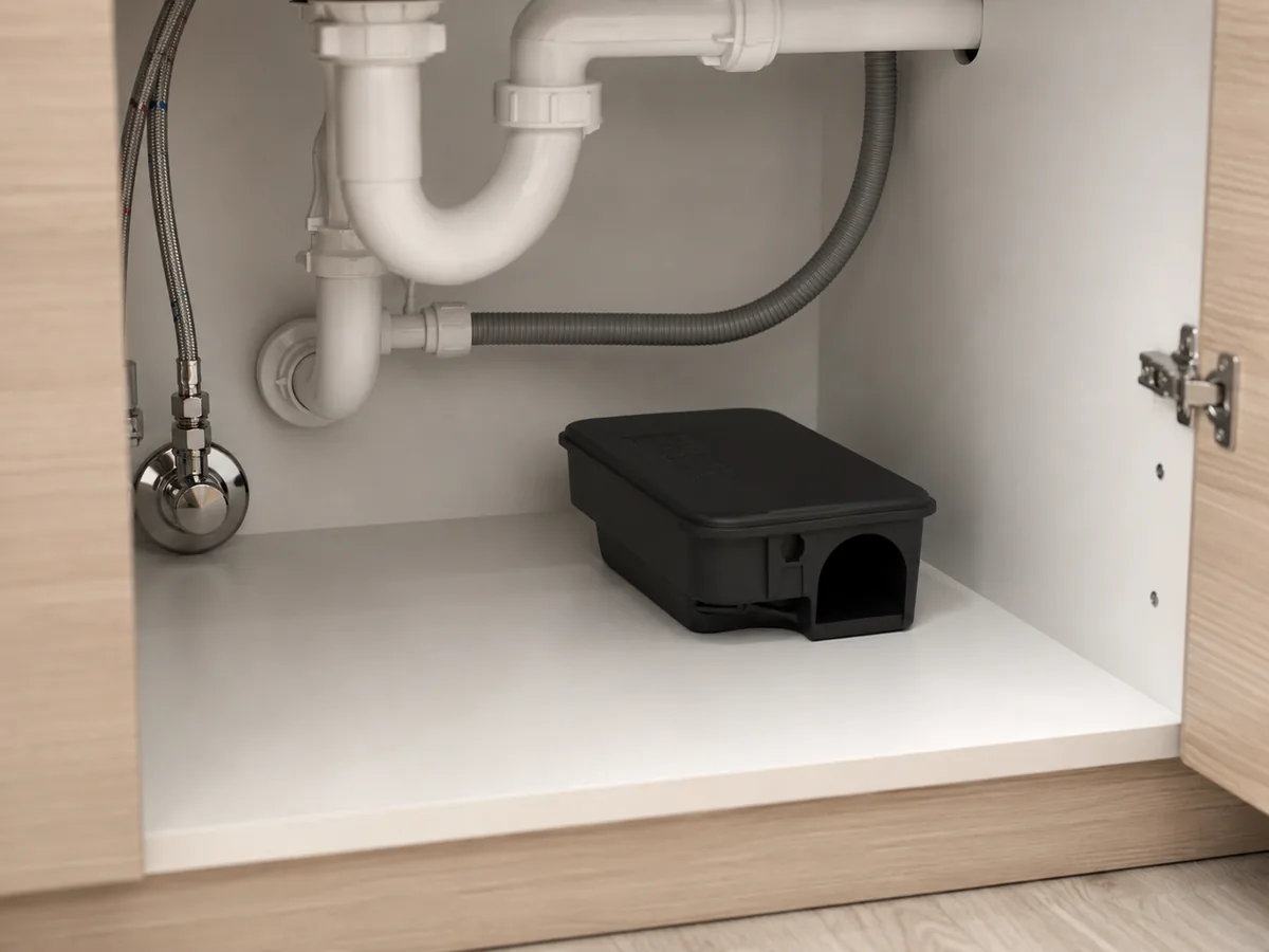 Portacebos de seguridad cerrado correctamente dentro del mueble del fregadero