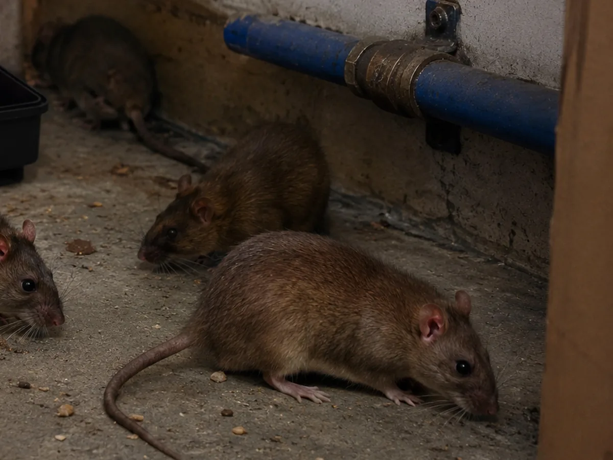 Grupo de ratas pardas y señales de actividad en una zona técnica interior