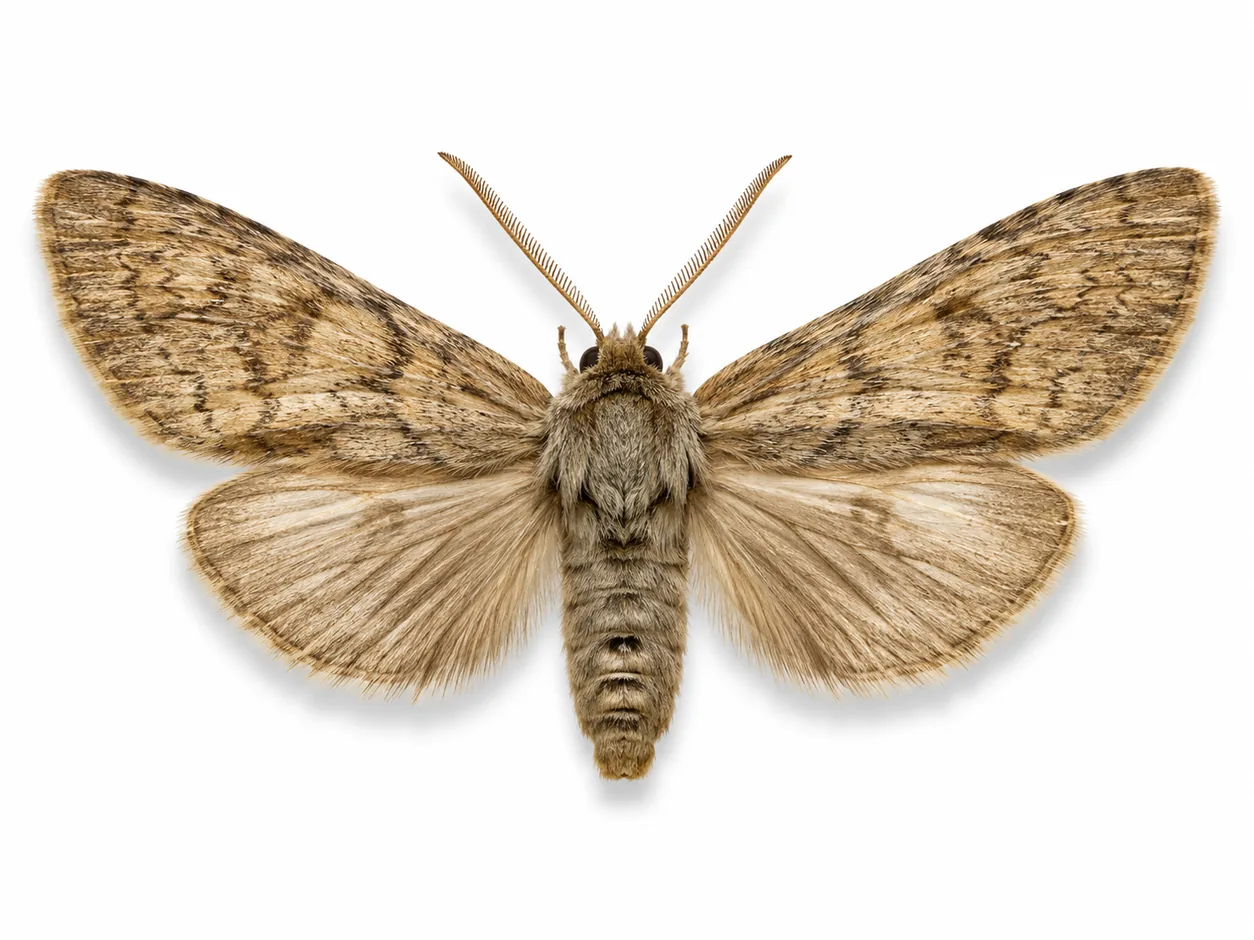 Adult de Thaumetopoea pityocampa aïllat sobre fons blanc
