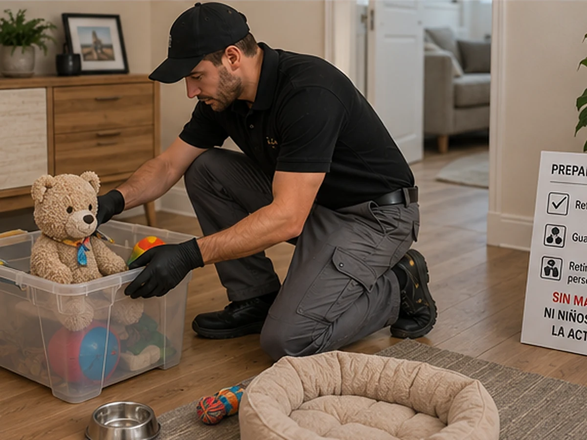 Preparació segura de l’habitatge retirant objectes de mascotes i infants abans del tractament
