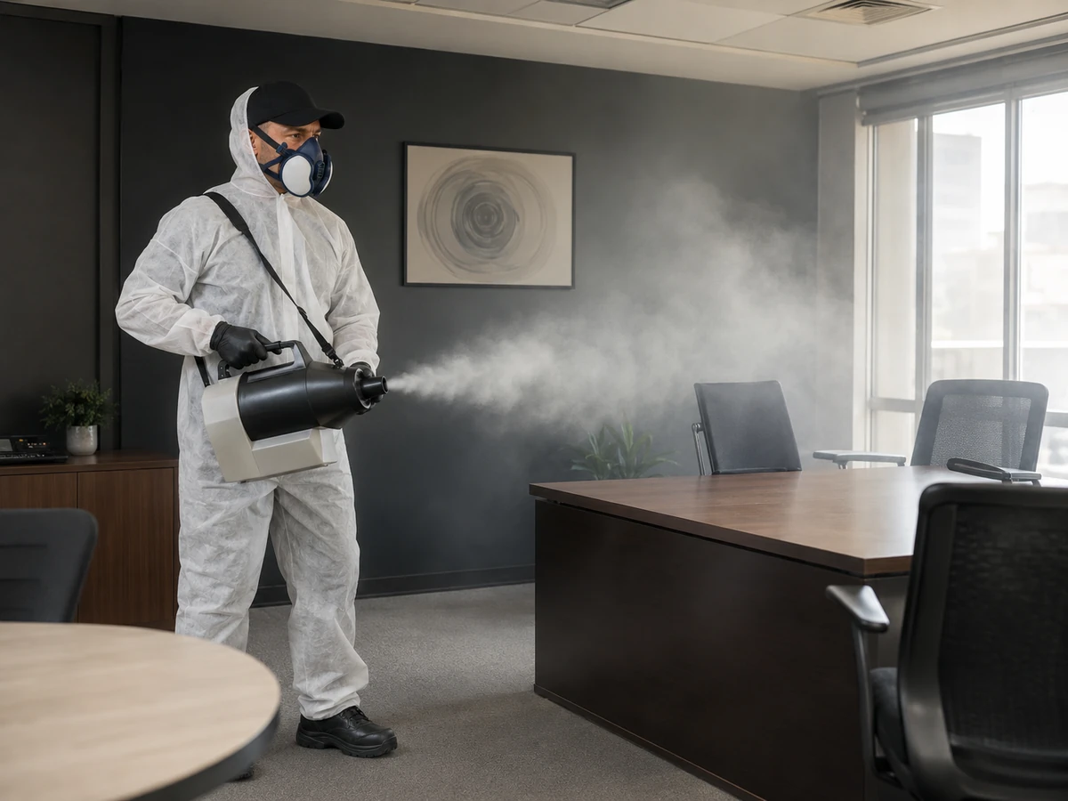 Nebulización en frío en una oficina vacía con equipo de protección