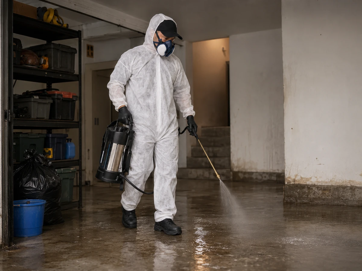 Limpieza y desinfección tras contaminación por aguas residuales en un sótano