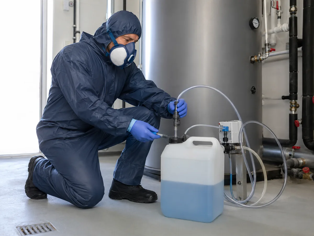 Preparación controlada del sistema de desinfección junto a un acumulador